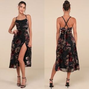 Lulus Exuberant Vibes Black Floral Velvet Burnout Tie-Back Midi Dress Wedding